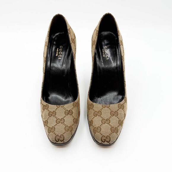 Gucci GG Monogram Brown Canvas Platform Pumps Wooden Heels Size 7.5 - Picture 3 of 12